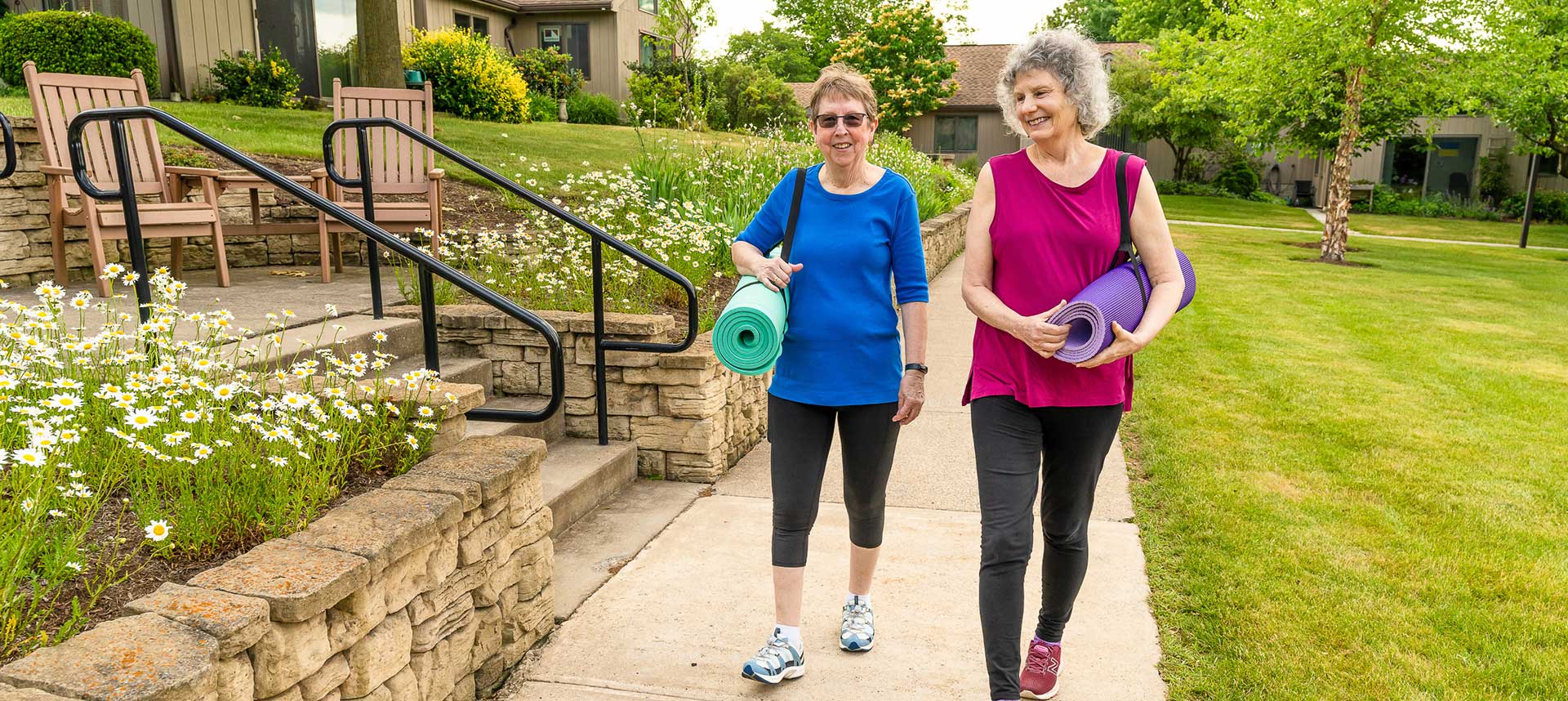 Friends on their way to an exercise class at Foxdale Village