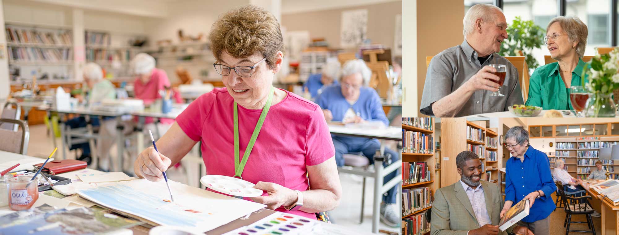 Residents painting, reading, and enjoying a meal at Foxdale Village